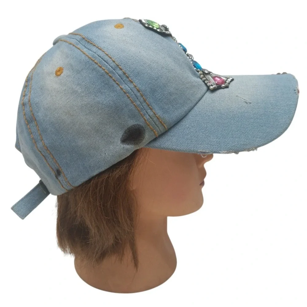 Women's Distressed Hat Blue Western Rhinestones Cross Accent Adjustable‎